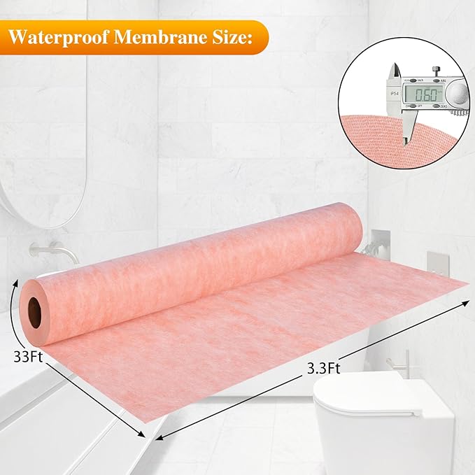 Waterproof Membrane for Shower,3.3ft x 33ft Waterproofing Membrane Underlayment Band for Bathroom,Kitchen,Saunas and Wet Areas,Tile Wall Uncoupling Seam Tape for Steam Room,108 Sq Ft,23.6 Mils Thick