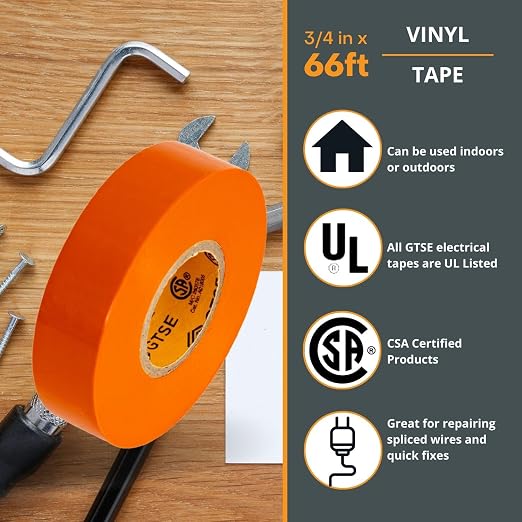 GTSE Electrical Tape – Waterproof, Industrial Grade Vinyl, 3/4 in x 66ft– Strong Self-Adhesive PVC Electric Tape for Wire Insulation, 7 Mil, 600V – UL/CSA Listed - Orange, 3 Rolls