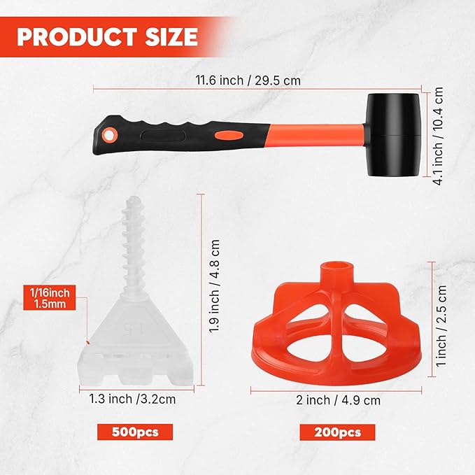 DGSL Tile Leveling System 1/16", 500 Pcs Tile Spacers and 200 Pcs Red Cap, Tile Spacers Leveling System for Professional Ceramic Tile and Stone Installation, Precision Gap Control