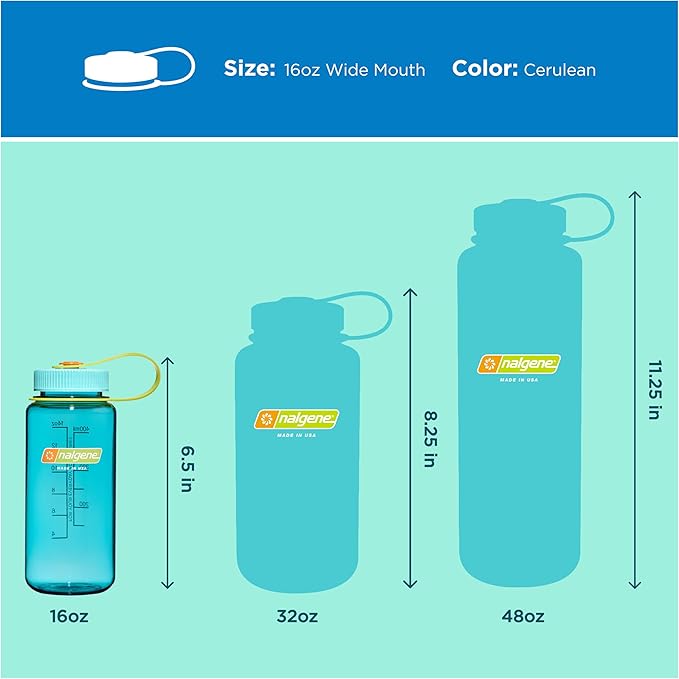 Nalgene 16 oz Wide Mouth Water Bottle | Slim Cup Holder Size, BPA-Free, Durable & Leak Proof, Lightweight Travel Bottle, Cerulean