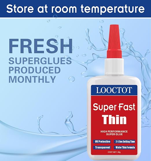 LOOCTOT 60g(2.12 oz) Thin Super Glue Dries Super Fast (2-5 Sec) Premium CA Glue for Woodworking, Woodturning, Hobby Models, CA Finish, Inlays. Waterproof Clear