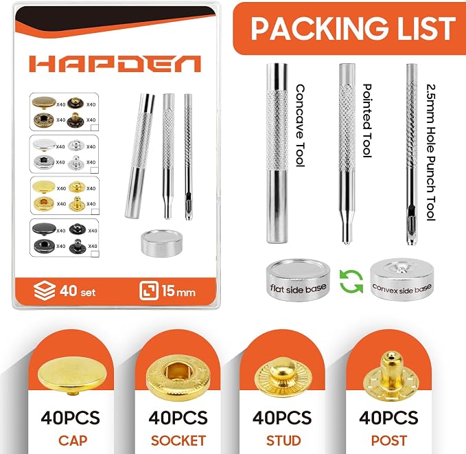 Leather Snaps and Fasteners Kit，15mm 40 Sets Metal Snap Buttons with Setter Tools， Sewing Snaps for Clothing，Fabric，Leather, Clothes, Jackets, Bags, DIY Crafting （Gold）