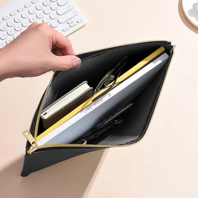 PU Leather A4 File Folder Zipper Document Holder Envelope Folder Case for Receipt Contract (2, Black&Orange)