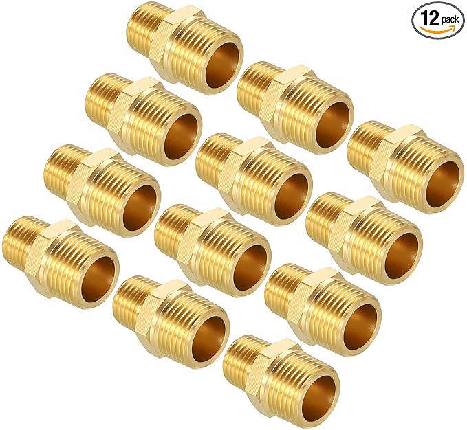Packs of 12, 3/8" MNPT To 1/4" MNPT Solid Brass Hex Nipple Hose Connectors, Male Pipe Adapter for Pipe Leak Repair, Bathroom Remodeling, Tool Extension, Compression, Irrigation