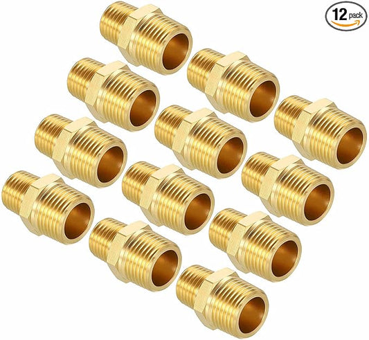 Packs of 12, 3/8" MNPT To 1/4" MNPT Solid Brass Hex Nipple Hose Connectors, Male Pipe Adapter for Pipe Leak Repair, Bathroom Remodeling, Tool Extension, Compression, Irrigation