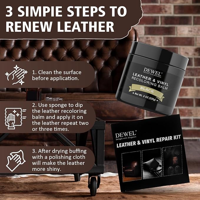 DEWEL Leather Recoloring Balm, Black Leather Color Restorer for Scratched and Faded, Leather Scratch Remover, Upgrade Leather Repair Kit for Restore Couches, Car Seats, Shoes, Boots