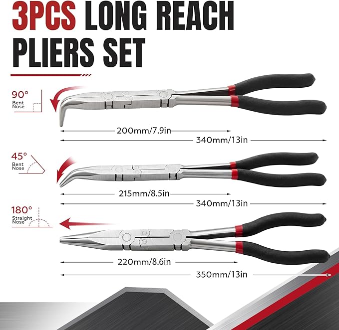 3 Pack 13 Inch Long Reach Needle Nose Pliers Set, Double Rivet with Straight 45° 90° Bent Tips for Automotive Hose Removal, Engine Repair and Tight Spaces
