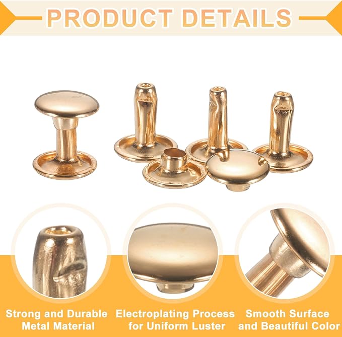 uxcell 120Set Leather Rivets, 10mm Double Cap Rivet Tubular Metal Studs Repairs Decoration Craft Accessories for Repair Decorate Leather Craft Belt Bag Shoes Purse Belts, Light Gold