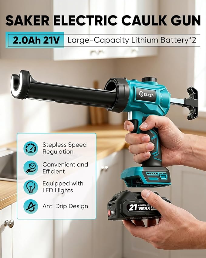 Saker Electric Caulking Gun Cordless Adjustable Speed Caulk Gun with Caulking Tools Set with LED Light 10oz/300ml for Kitchen Bathroom Filling, Sealing 2 Batteries Blue