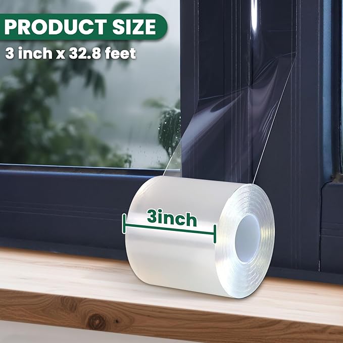 Window Sealing Tape, Window AC Insulation Sealing Around Frame Draft, 3 inch X 33 FT, Blocker for Cold Heat Air, Waterproof Tape for Repair, Heavy Duty No Residue (Clear)