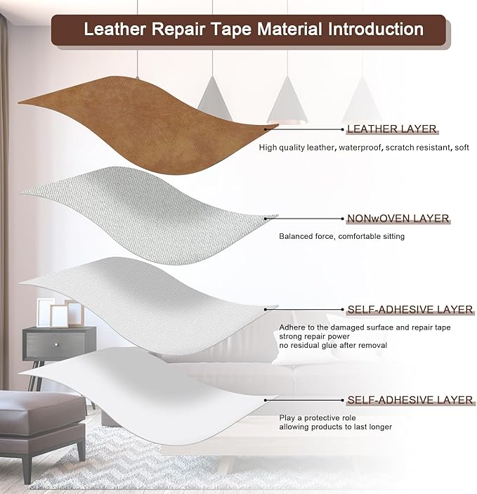 JDLUGH Sofa Leather Repair Patch Tape, Large Self Adhesive Couch, Car Seat, Office Chair, Leather Furniture, Vinyl Repair Patch Kit for Furniture (15x60 Inch, Yellowish Brown)