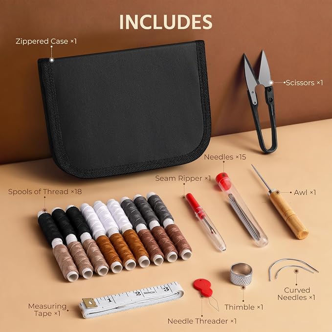 Coquimbo Leather Sewing Kit: 43pcs Needle and Thread Kit with Sewing Awl, Upholstery Repair Kit, Heavy Duty Sewing Tools for Car Seat, Bag, Shoes,Sofa, Tent, Carpet, Craft DIY