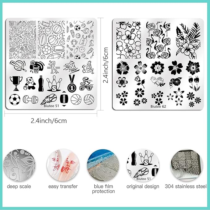 Biutee Nail Stamping Plates Set 15PCS Nail Art Stamper Scraper Nail Art Stamping Kit with Storage Bag Gift Box Nail Stamp Template Kit Lace Flower Butterfly Star Holiday Design
