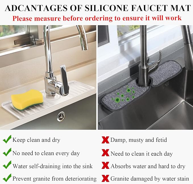 YATOISUR Sink Splash Guard 14.4” x 5.4” - Sink Faucet Mat with Faucet Water Catcher Mat & Soap Dish & Sponge Holder 3 in 1 - Silicone Faucet Handle Drip Catcher Tray for Kitchen RV & Bar Faucet, Clear