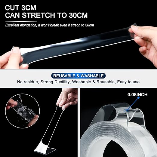 SANKEMU Double-Sided Tape Heavy Duty 16.5 FT x 1.18 in – Clear Removable Mounting Tape for Walls, Carpet, Rugs, Posters – Reusable, No-Residue, Indoor/Outdoor Nano Gel Grip