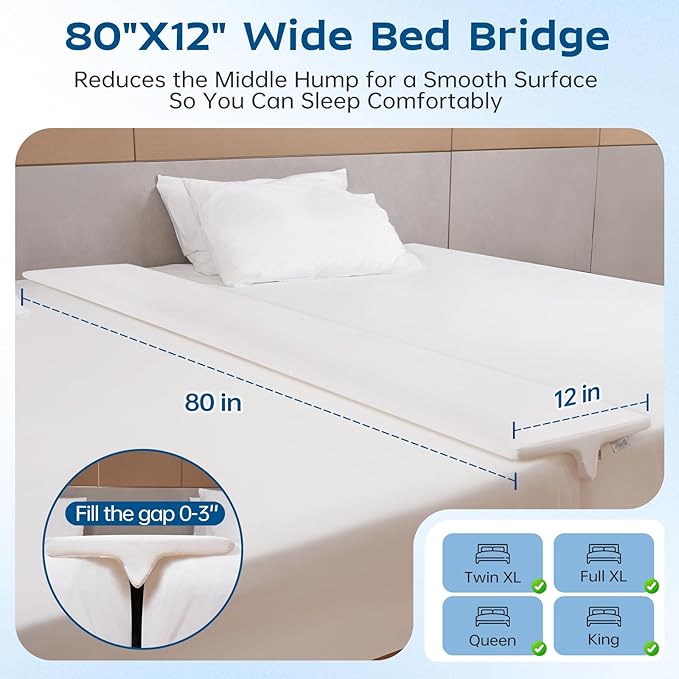 ENITYA 12" Wide Split King Gap Filler for Adjustable Bed, Fits 0–3″ Gap, Bed Bridge Twin XL to King Converter, Mattress Connector with Removable Cover, Suit for Guest/Hotel/Family Room, Easy Install