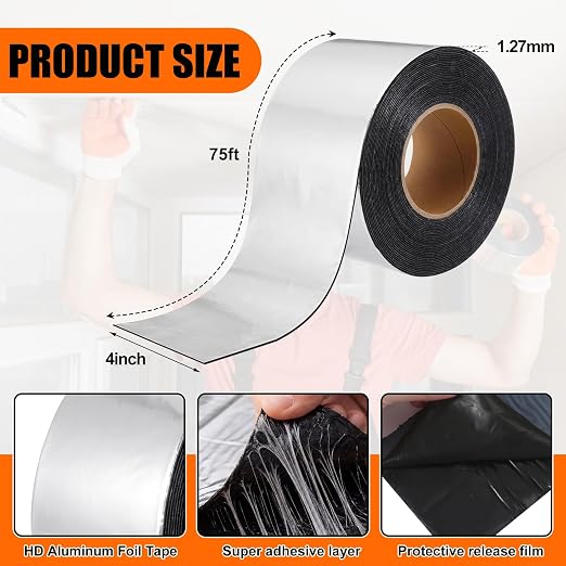 1 Pcs 50 Mil Heavy Duty Aluminum Foil Rubber Tape, Waterproof, for Sealing Roof Flashing, and Repairs in Punctures in Trailers, Truck Bodies, Containers, RVs and Campers (4" X 75')