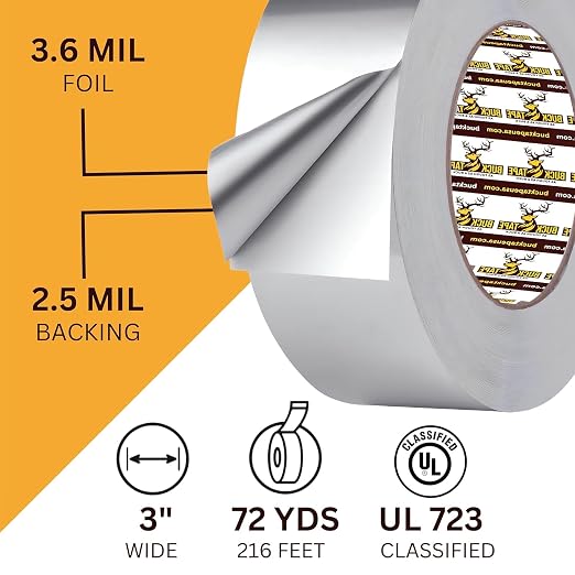 4 Pack Buck Aluminum Foil Tape – 3 Inch x 216ft (72 yd), 3.6 Mil – HVAC Tape for Ductwork, AC, Dryer Vents & Insulation – Silver Foil Tape for Metal Repair, Exhaust Sealing & Air Conditioning