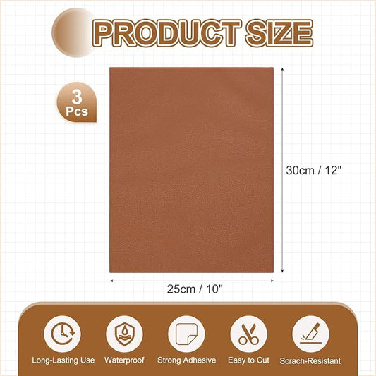 MECCANIXITY 3 Pcs Leather Repair Patch 10"x12" Self-Adhesive Leather Vinyl Repair Tape Kit for Furniture Couches Sofa Chair Car Boat Seats Jackets, Light Brown