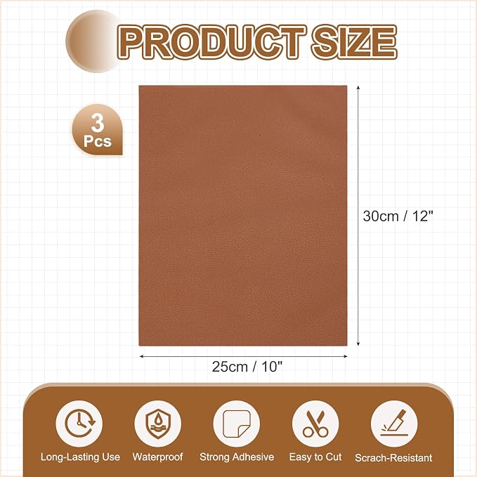 MECCANIXITY 5 Pcs Leather Repair Patch 10"x12" Self-Adhesive Leather Vinyl Repair Tape Kit for Furniture Couches Sofa Chair Car Boat Seats Jackets, Light Brown