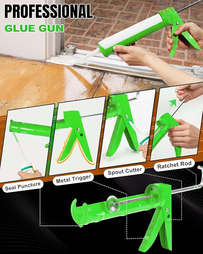 Holothurian Caulking Gun, Caulk Gun No Drip,Sealant Finishing Tool Grout Scraper for Kitchen Bathroom Window Sink Joint, 1/10 Gallon Cartridge, 10:1 Thrust Ratio, Green
