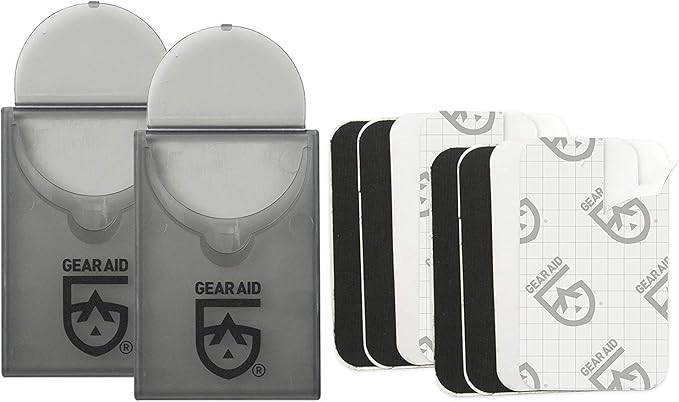 GEAR AID Tenacious Tape Mini Patches with Compact Pocket Case to Repair Holes and Tears in Micro Down Jackets, Vests, Tents, Rain Gear, and Outdoor Gear, 12 Patches (6 Clear, 6 Black)