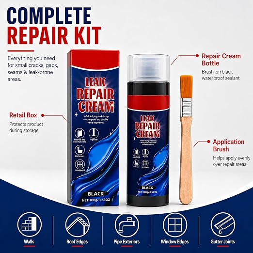 Leak Repair Cream with Brush, Black Waterproof Sealant, Flexible Patch and Sealant for Small Cracks, Gaps, Seams, Roof Edges, Gutters, Pipe Exteriors, Walls, Window Edges, Indoor Outdoor Repair