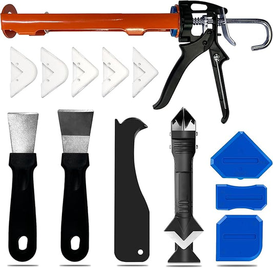 Caulk Gun, Caulking Tool Kit and Caulk Remover,Sealant Finishing Tool Grout Scraper,Great Silicone Gun Tools for 10oz Caulk tubes, Trigger Comfort Grip and Iron Smooth Rod 8:1 Thrust Ratio