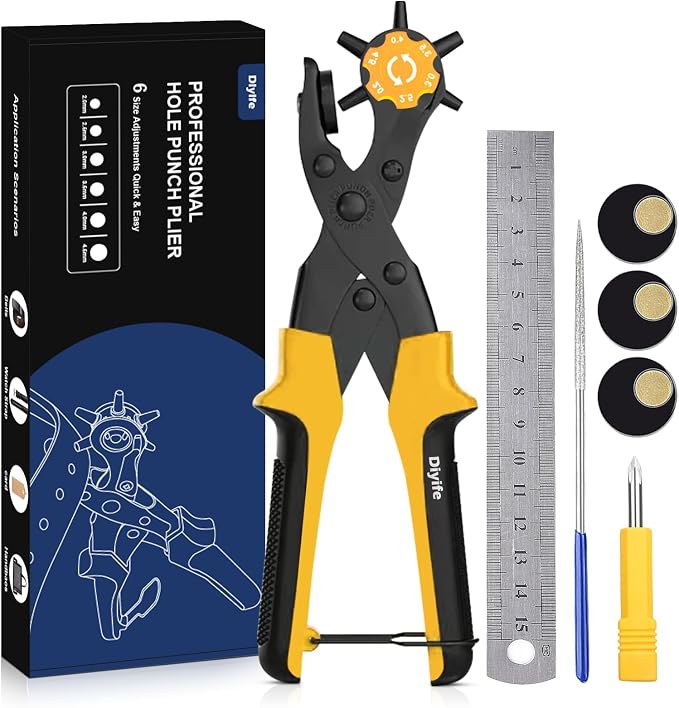 Leather Hole Puncher, Diyife® Full Set Punch Tool Kits for Belt, Watch Band, Shoe, Crafting, Handbag Straps, Fabric, with Extra Punch Plates and Ruler, Multi Hole Sizes Make - Yellow