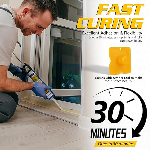LISRUX Advanced Silicone Caulk for Window & Door, White, 15.2 fl oz Cartridge, 12 Pack - 100% Waterproof Silicone Sealant Indoor Outdoor Caulking, UV Resistant, Stronger Adhesion, Shrink & Crack Proof