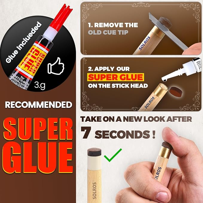 Billiard Pool Cue Tips - Pool Cue Stick Tips Replacement Repair Kit Billiard Cue Tips with Storage Box for Pool Table Cues Stick Tips Head and Leather Snooker Stick - SOLROS