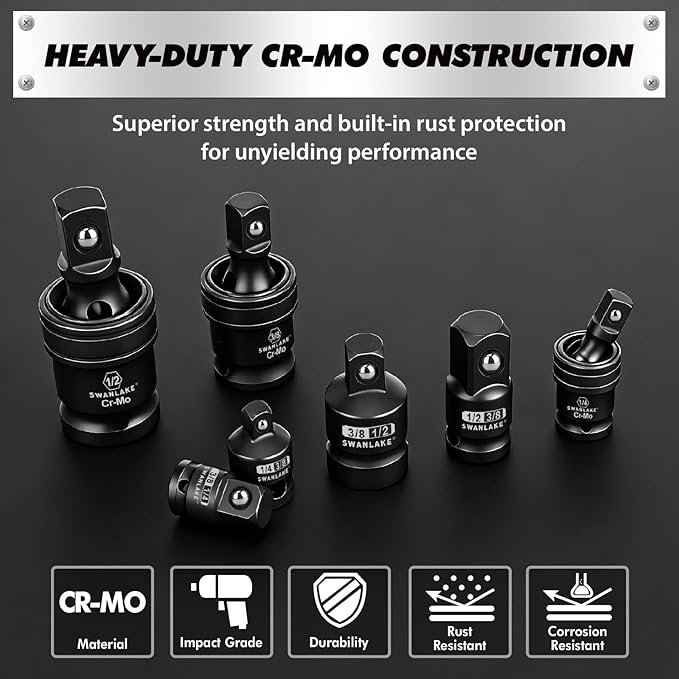 7-Piece Impact Swivel Socket Adapter Set, 1/4" 3/8" 1/2" Drive Universal Joint Socket Set CR-MO Steel, Wobble Joint Sockets Reducer with Magnetic Aluminum Sockets Rail