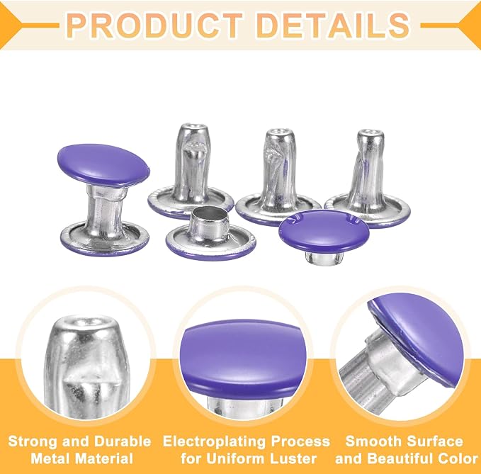 uxcell 120Set Leather Rivets, 8mm Double Cap Rivet Tubular Metal Studs Repairs Decoration Craft Accessories for Repair Decorate Leather Craft Belt Bag Shoes Purse Belts, Purple