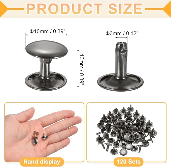 uxcell 120Set Leather Rivets, 10mm Double Cap Rivet Tubular Metal Studs Repairs Decoration Craft Accessories for Repair Decorate Leather Craft Belt Bag Shoes Purse Belts, Metallic Black