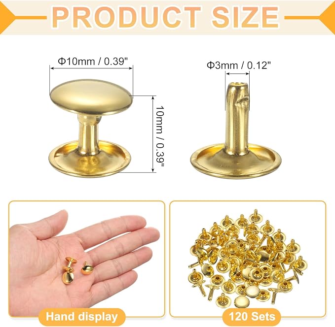 uxcell 120Set Leather Rivets, 10mm Double Cap Rivet Tubular Metal Studs Repairs Decoration Craft Accessories for Repair Decorate Leather Craft Belt Bag Shoes Purse Belts, Gold