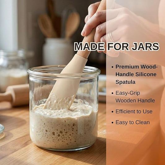 3Pcs 10.7" Silicone Jar Spatula with Natural Beechwood Handle, Removable Flexible Scraper Head for Deep Jars, Thick Non-Stick Small Spatula for Sourdough, Peanut Butter, Blenders & Baking, Cream