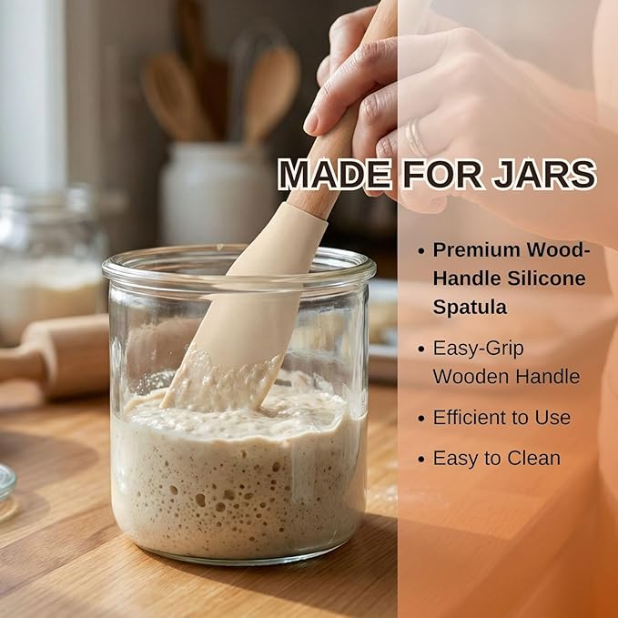 2Pcs 10.7" Silicone Jar Spatula with Natural Beechwood Handle, Removable Flexible Scraper Head for Deep Jars, Thick Non-Stick Small Spatula for Sourdough, Peanut Butter, Blenders & Baking, Cream