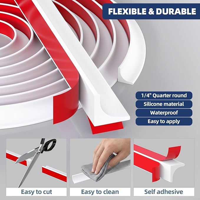 1/2 inch Flexible Quarter Round Molding Trim, Peel and Stick Silicone Baseboard Trim, Self Adhesive Wall Corner Trim, Waterproof Edge Trim for Floor, Cabinet, Bathroom, Kitchen (White)