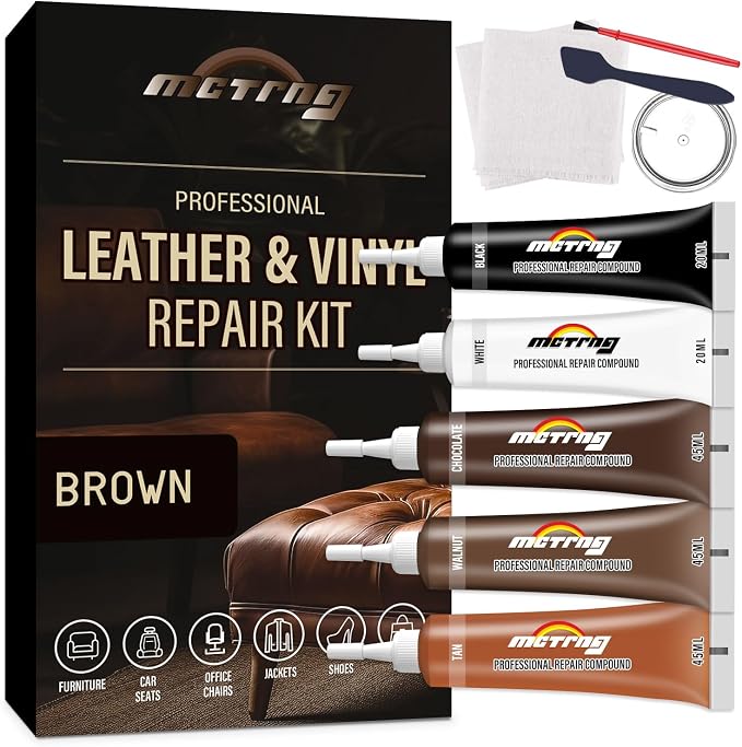 Leather & Vinyl Repair Kit for Couch, Furniture, Sofa, Chair, Car Seat | Brown Shades, No Skills Needed, for Cat Scratch, Tear, Crack, Hole on Faux Upholstery, Recliner, Purse, Shoes, Jacket, RV