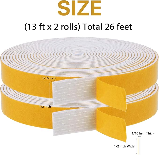 Foam Weather Stripping-2 Rolls,1/2 Inch Wide X 1/16 Inch Thick Total 26 Feet Long, Foam weatherstrip with Adhesive for Door Insulation(13ft x 2 Rolls)