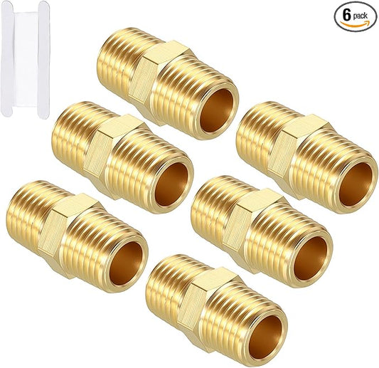 Pack of 6, 1/4" MNPT to 3/8" MNPT Solid Brass Hex Nipple Hose Connectors W/Sealing Tape, Male Pipe Adapter for Pipe Leak Repair, Bathroom Remodeling, Tool Extensions, Compression