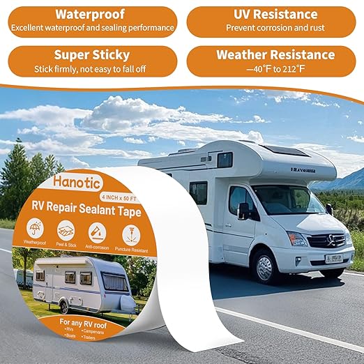 RV Roof Tape with Roller, 4 Inch x 50 Feet Sealant Repair Tape, UV Resistant & Weatherproof for RV Repair, Camper, Trailer, Boat Sealing, Leaking Roof, Window (White)