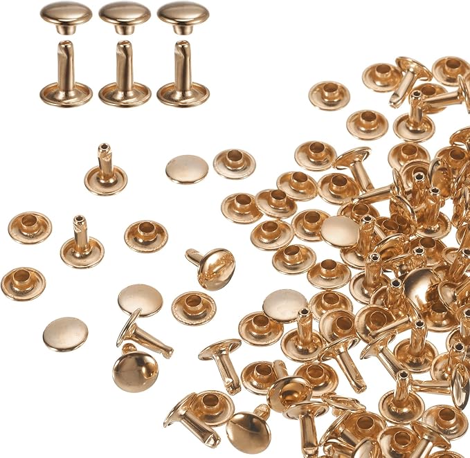 HARFINGTON 100 Sets Double Cap Leather Rivets, 9x10mm Round Cap Tubular Metal Studs Leather Crafting Rivets for Fabric Belt Pet Collar Boot Bag Repair and Decoration, Light Gold