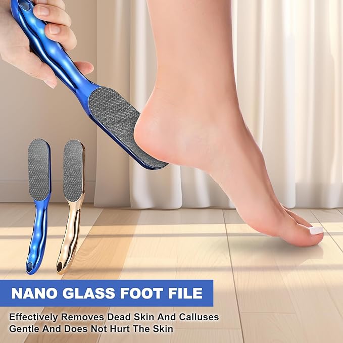 2pcs Hard Skin Remover Nano-Glass Foot File, Nano Glass Foot File with Non-Slip Ergonomic Handle, Professional Foot Care Tools (Gold+Blue)