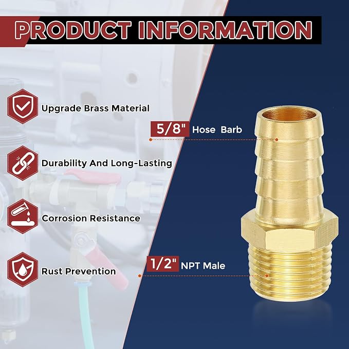 Pack of 25 Brass Hose Barb Fittings Adapter Connector 5/8" Hose Barb to 1/2" NPT Male Fittings for Home Machines, Massage Bathtubs, and Irrigation Systems