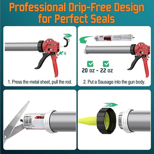 20 oz Sausage Caulk Gun, One-Touch Drip-Free | Effortless & Professional Design with Heavy-Duty Metal Body, 18:1 Thrust Ratio | for 20 oz Sausage Packs