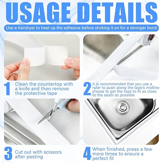 Frienda White Caulk Tape 10.5' x 1.5'' Waterproof Self Adhesive Caulk Strip Bathtub Sealant Tape Sealing Strip Oil Proof Bathroom Sealant for Kitchen Floor Wall Edge Protector(PE)