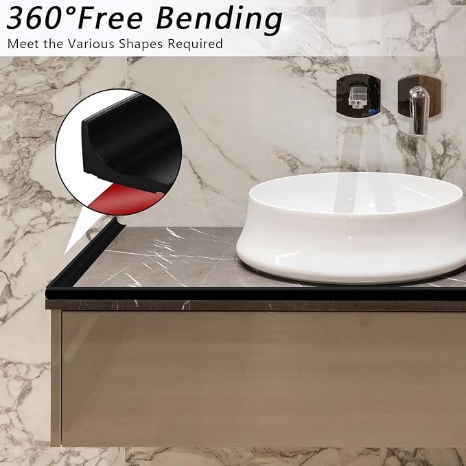 39 Inch Shower Threshold Water Dam, Silicone Barrier Shower Door Bottom Seal Strip, Self Adhesive Waterproof Barrier, for Kitchen Countertop Sink, Cooktop, Bathroom（Black）