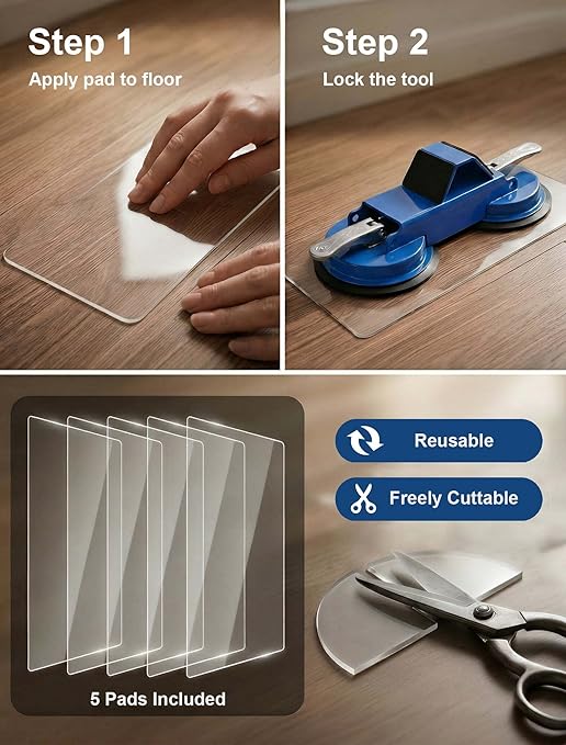 PlayMoon Floor Gap Fixer Tool, Heavy Duty Dual Suction Cup Floor Gap Repair Tool with Metal Levers for Laminate Flooring Engineered Hardwood and Vinyl Plank (Blue)