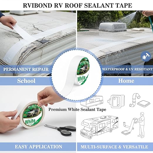 RV Roof Sealant Tape - Grade Waterproof Repair Tape for RV & Camper, All-Weather UV Resistant Adhesive for Roof Seals, Vents & Seams, Heavy Duty Leak Protection (White, 6in x 50 ft)